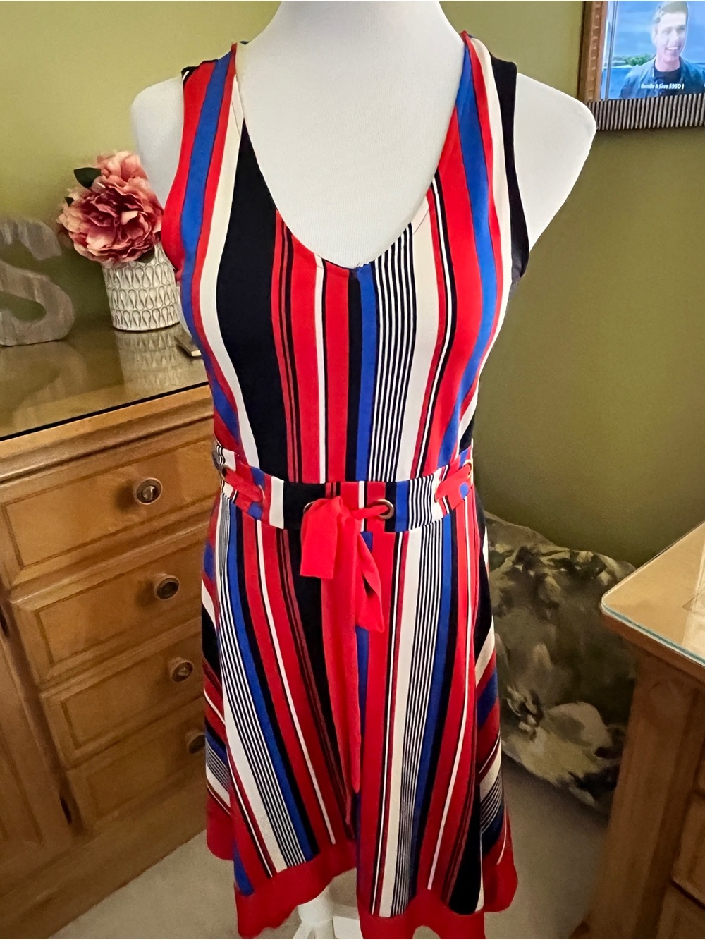 Wrapper Red, Blue, White & Black Striped Midi Dress